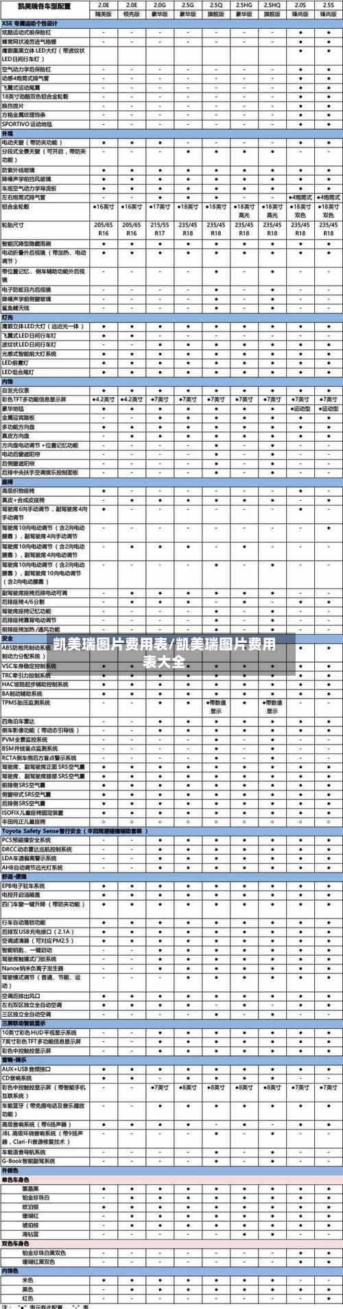 凯美瑞图片费用表/凯美瑞图片费用表大全